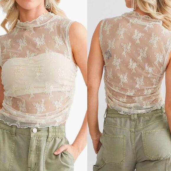 Free People Intimately Sheer Lace Mesh Mock Neck Tank Size M - Picture 4 of 11
